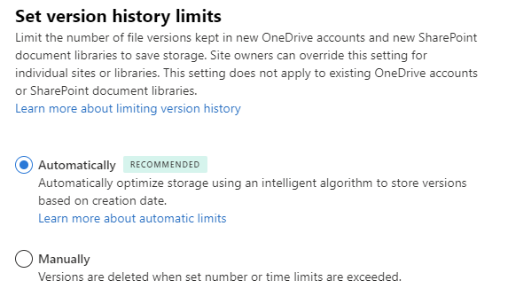 Setting the version history limit to Automatic